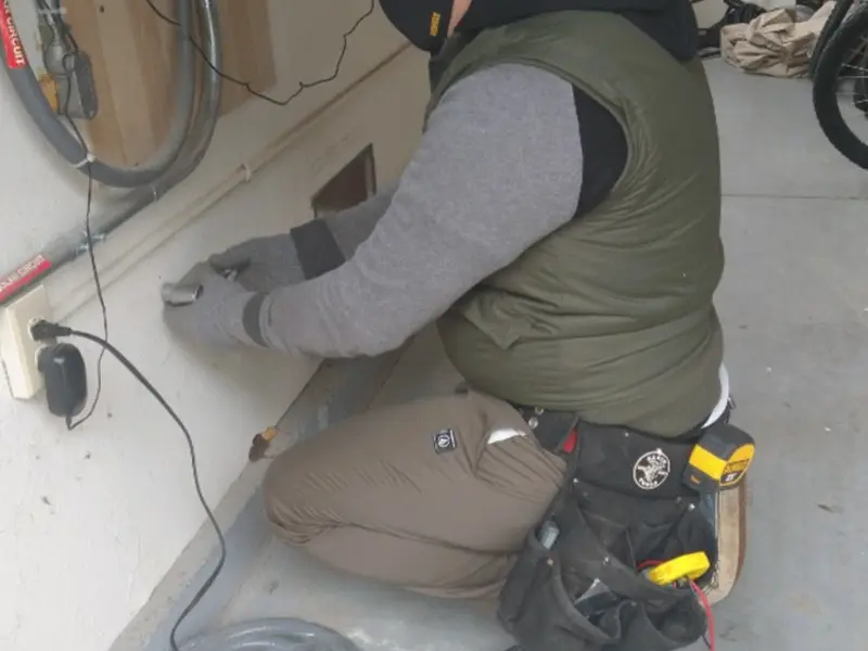Electrician performing outlet wiring in a Crockett garage